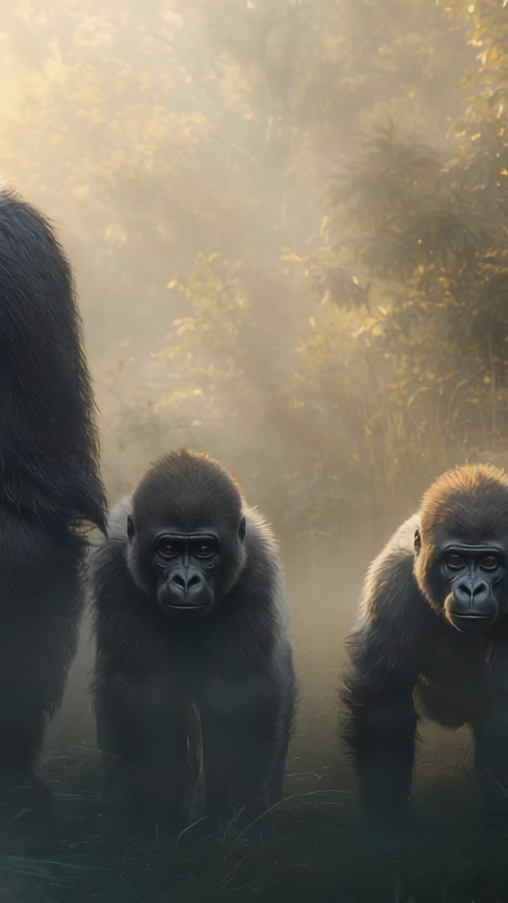 Vertical video: Emerging from mist, 3 gorillas moving to camera in forest clearing, adult leading