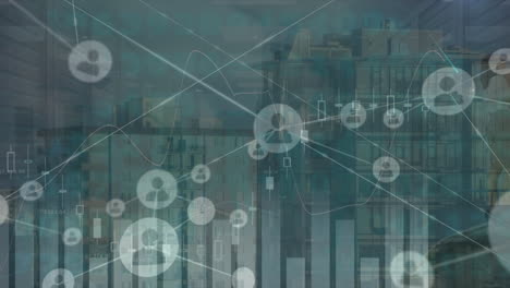 animación de la red de conexiones y gráficos sobre personas en oficinas y edificios