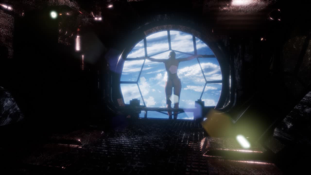 mujer observando la tierra desde las ventanas de la estación espacial tierra azul y nubes