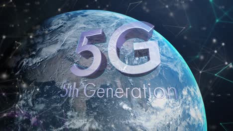 animation of 5g 5th generation text over globe and network of connections