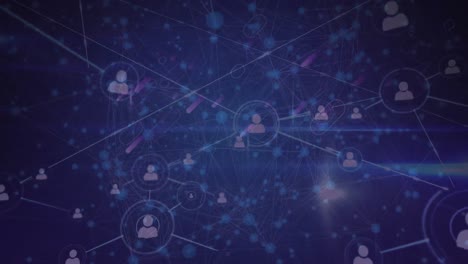 animation of networks of connections and icons over line map on purple background