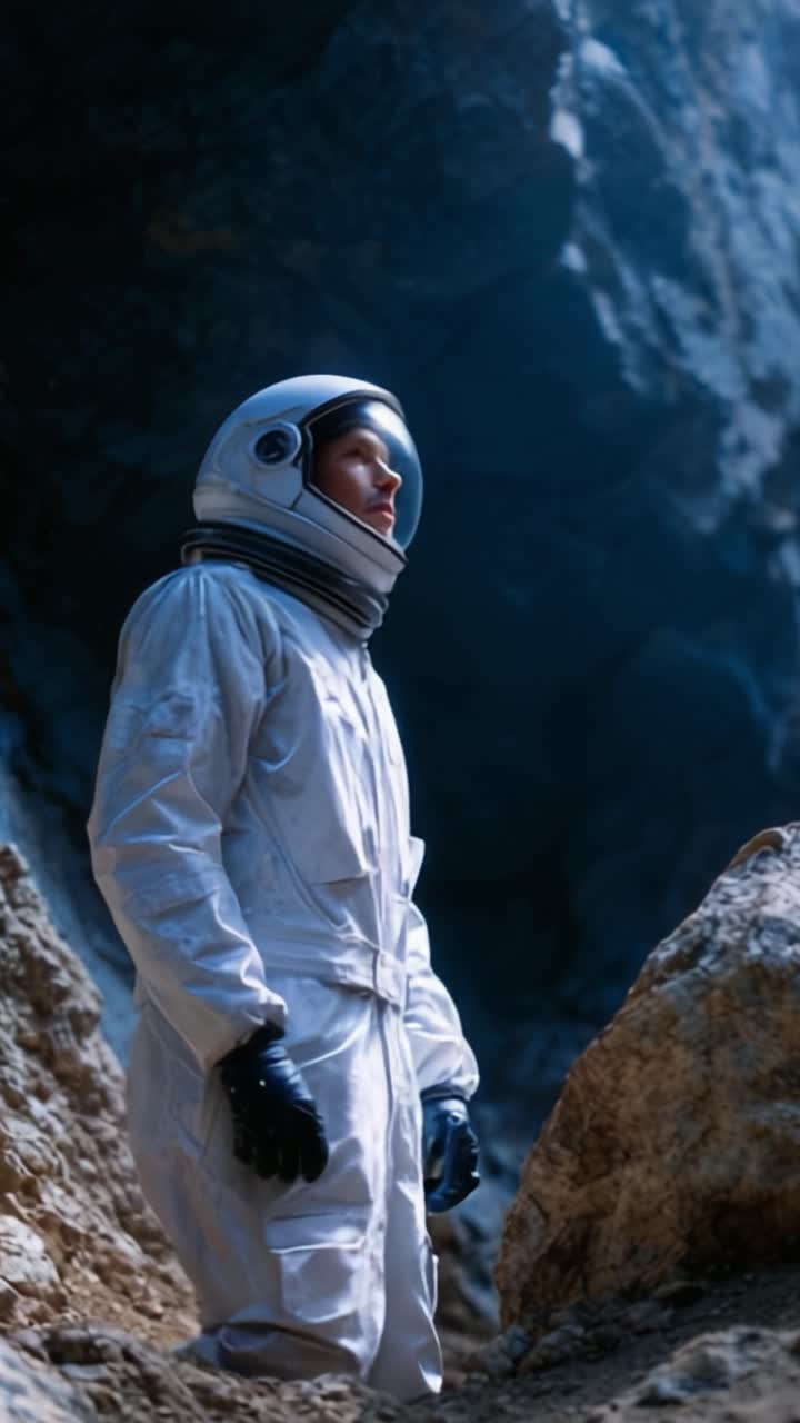 Un astronauta esplora una grotta misteriosa, mettendo in mostra la curiosità umana e lo spirito di scoperta in un ambiente extraterrestre ricco di meraviglie geologiche.