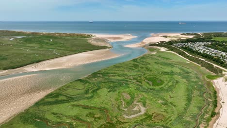 panoramic drone view of north sea ocean wetlands het zwin in netherlands and belgium