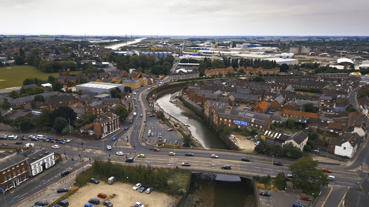 scenic beauty of Boston, Lincolnshire, in mesmerizing aerial drone footage: Port, ships, Saint Botolph Church , Saint Botolph's Bridge