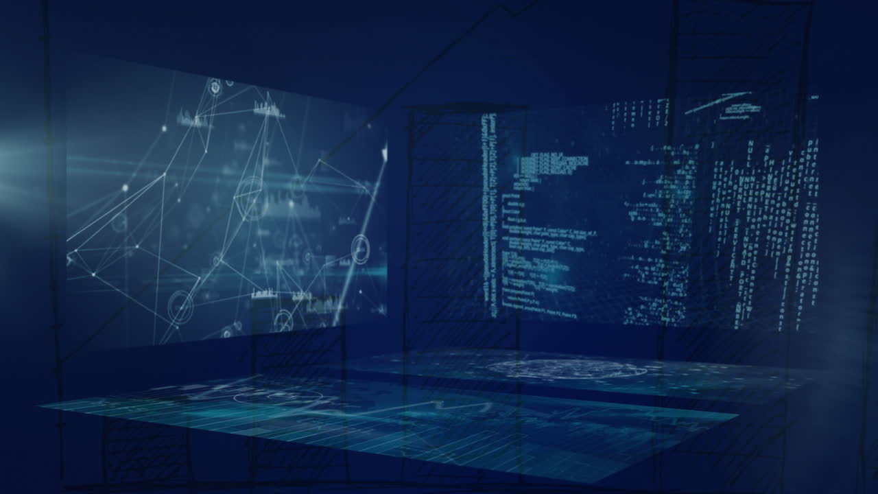 Animation of communication network and data processing on interface screens