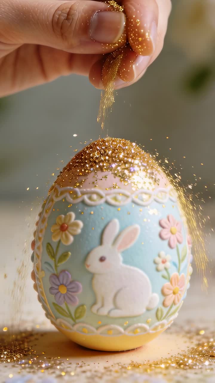 Sprinkling right hand releasing gold glitter onto pastel rabbit egg at craft table, forming halo