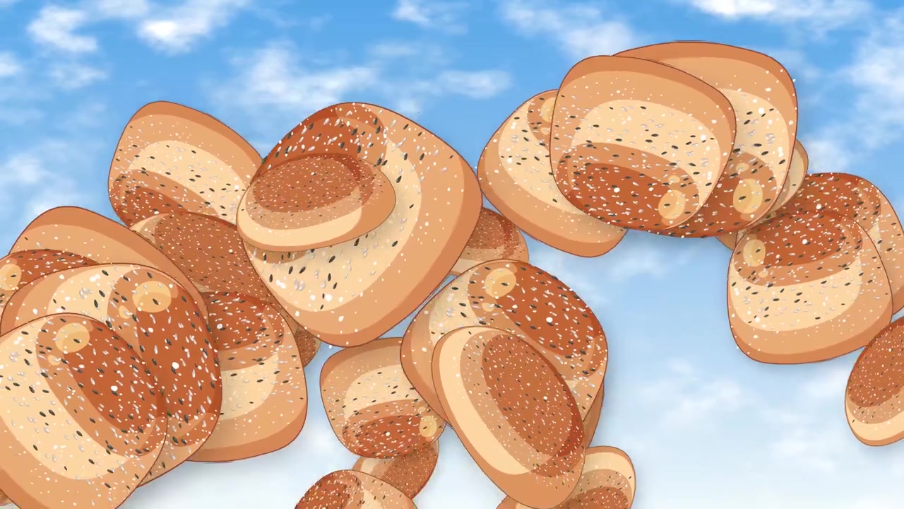 Cartoon sesame seed burger buns fall and tumble through a bright blue sky with clouds.