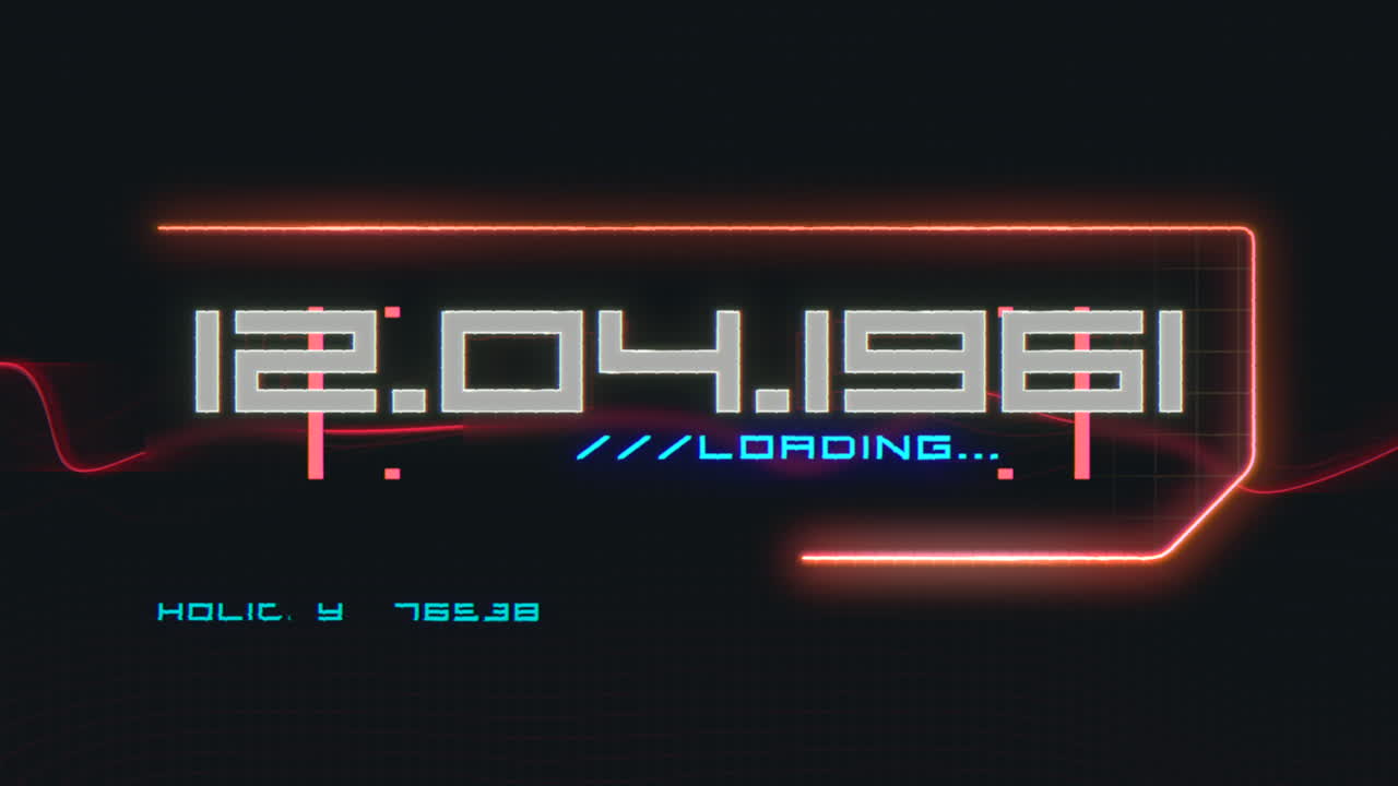 Futuristic 12.04.1961 neon sign with red lights on grid background