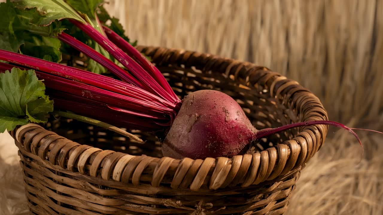 Beetroot with stems and leaves lying in wicker basket in rustic farm stall, with straw backdrop