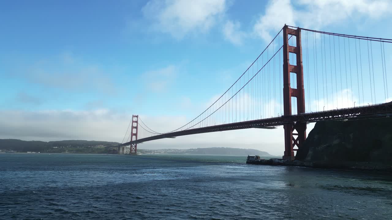 Static drone view of Golden Gate Bridge on calm, cloudy day (60fps)