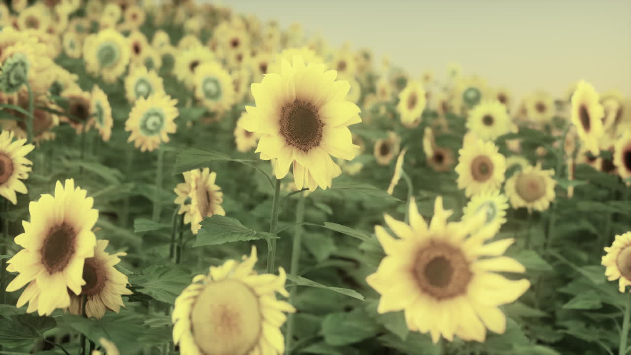 muchos girasoles grandes de color amarillo brillante en los campos de plantación en la puesta de sol de la tarde