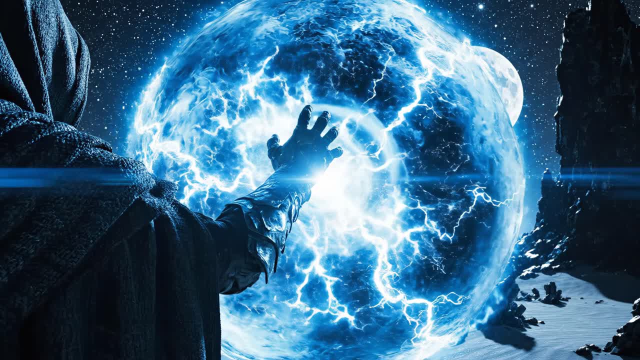 A Wizard Manipulating a Magical Sphere Under the Moonlight