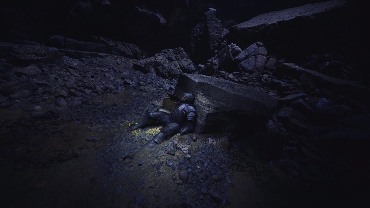 Illuminated knight navigates broken rocks and fallen beams confidently