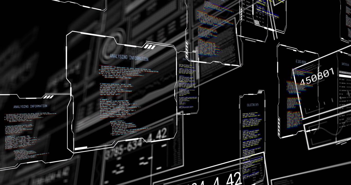Vertical video: Clustered HUD panels shifting in dark grid while camera moving, showing readouts