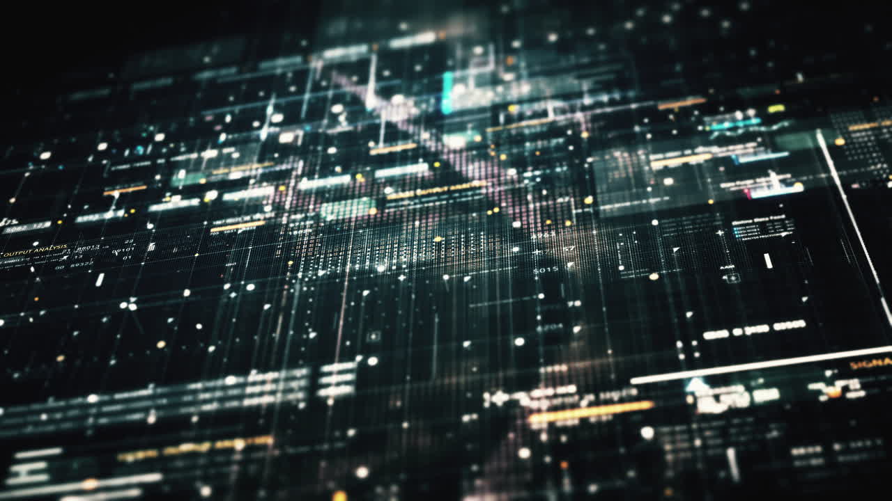 Advance data matrix, telemetry and encrypt numbers simulation user interface display in cyber space abstract de-focus environment background
