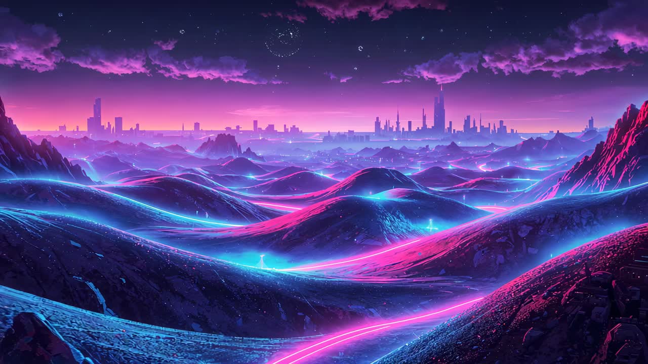 Pulsing neon ribbon tracing hills on alien plain beacon sliding to skyline, magenta streak growing