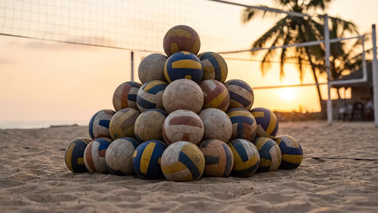 Pila piramidal de balones de voleibol viejos en una playa al atardecer