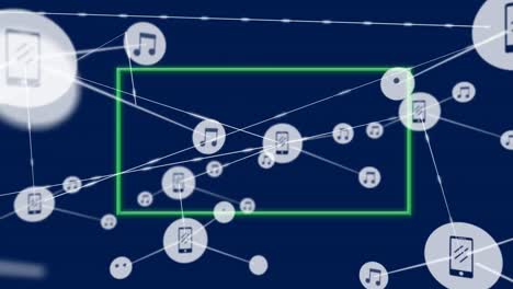 animation of network of connections with icons over green glowing frame