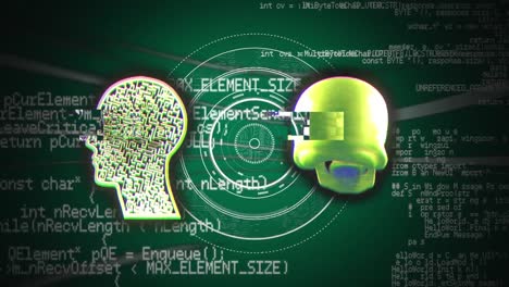 animation of data processing, human head and skull on green background