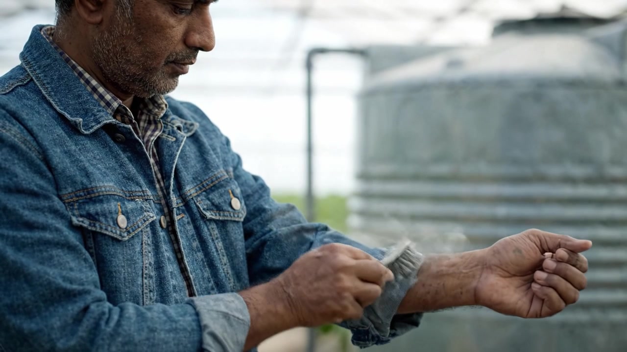 Jardinero concentrado realizando su tarea en un invernadero, mostrando diligencia y cuidado en las prácticas agrícolas mientras está rodeado de la exuberante vegetación de las plantas en crecimiento.