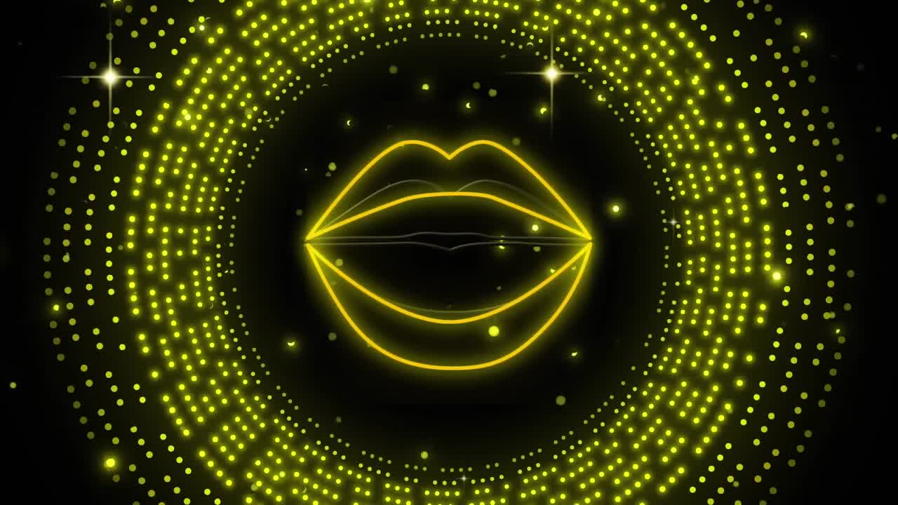 Animazione di labbra al neon su motivo di luci gialle lampeggianti