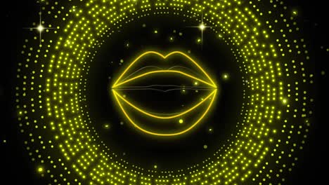 animation of neon lips over flashing yellow light pattern