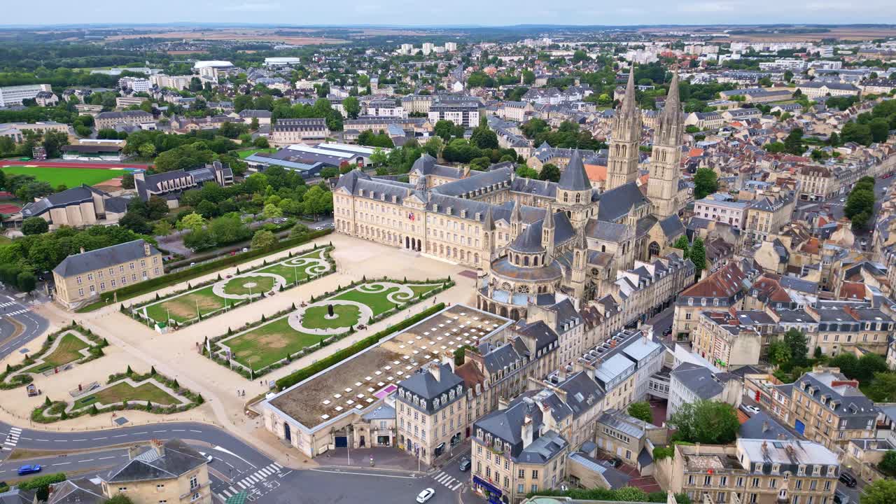 Abbey of Saint-Étienne or Abbaye aux Hommes or Abbey men, Caen in Normandy, France. Aerial drone orbiting