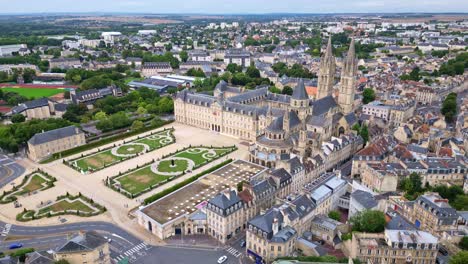 abbey of saint-étienne or abbaye aux hommes or abbey men, caen in normandy, france. aerial drone orbiting