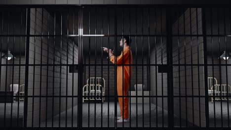 full body side view of asian male prisoner in handcuffs standing in prison, pointing his finger towards, speaking against and blaming you