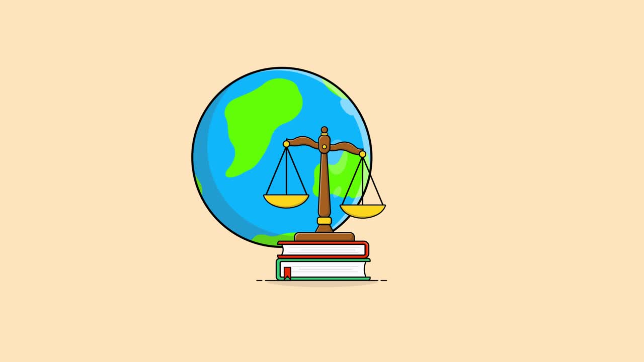 Illustrazione animata della giustizia globale con libri e bilancia