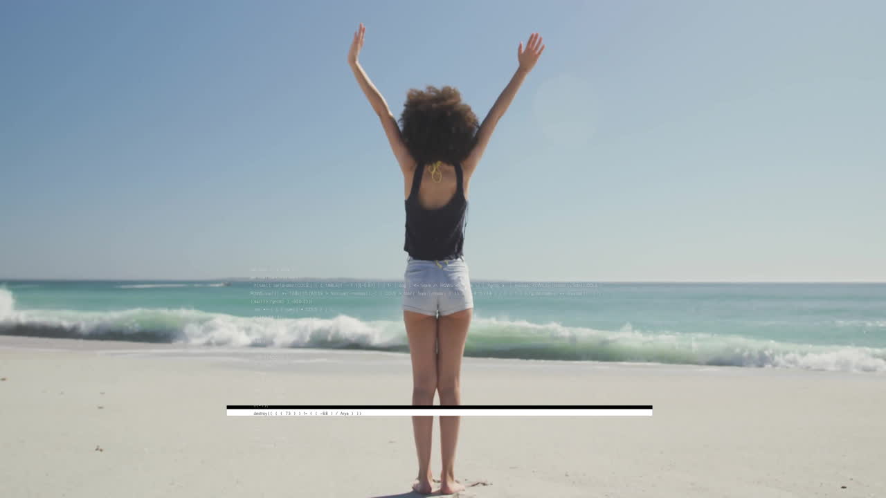 Standing on beach, person raising arms facing ocean waves, feeling free