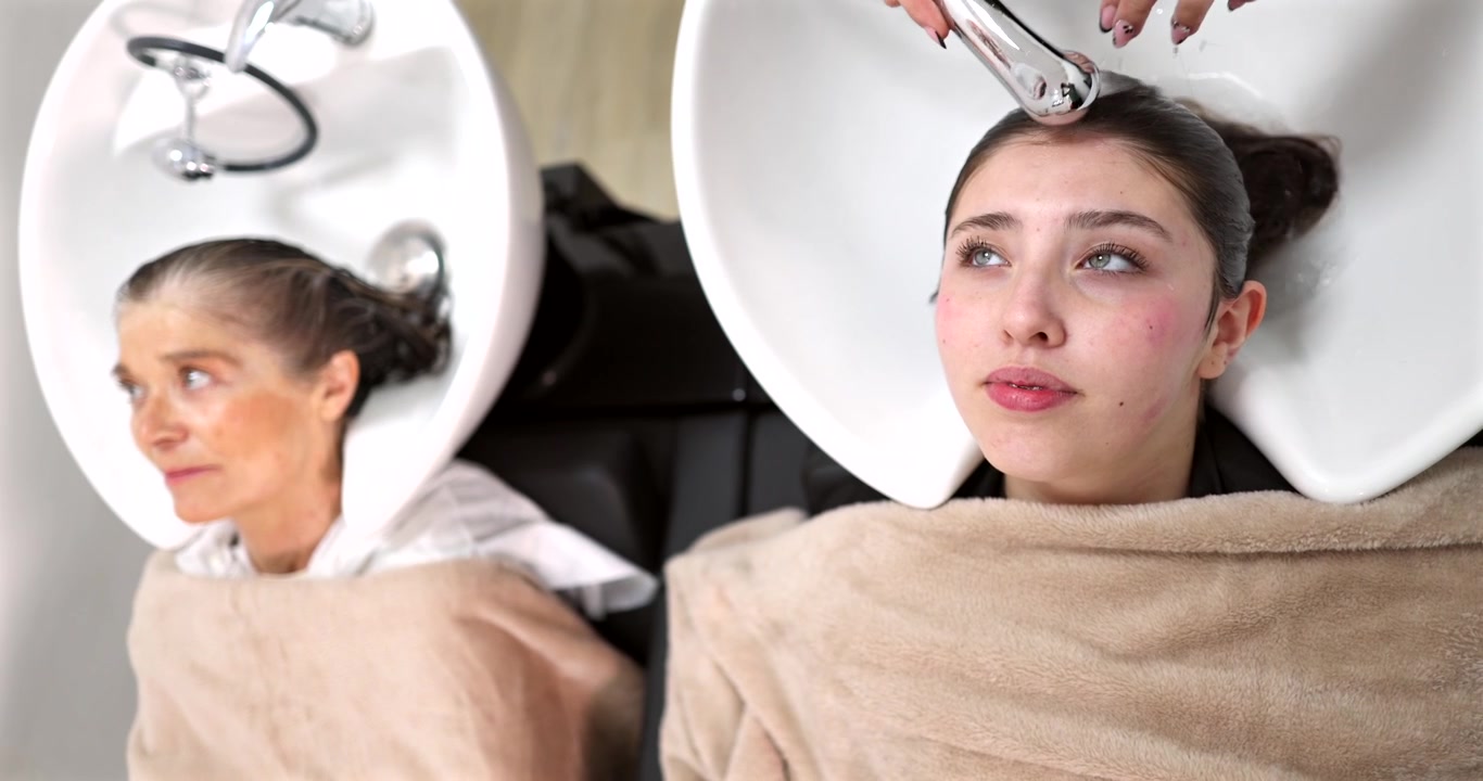 To kvinder får vasket hår på en professionel salon