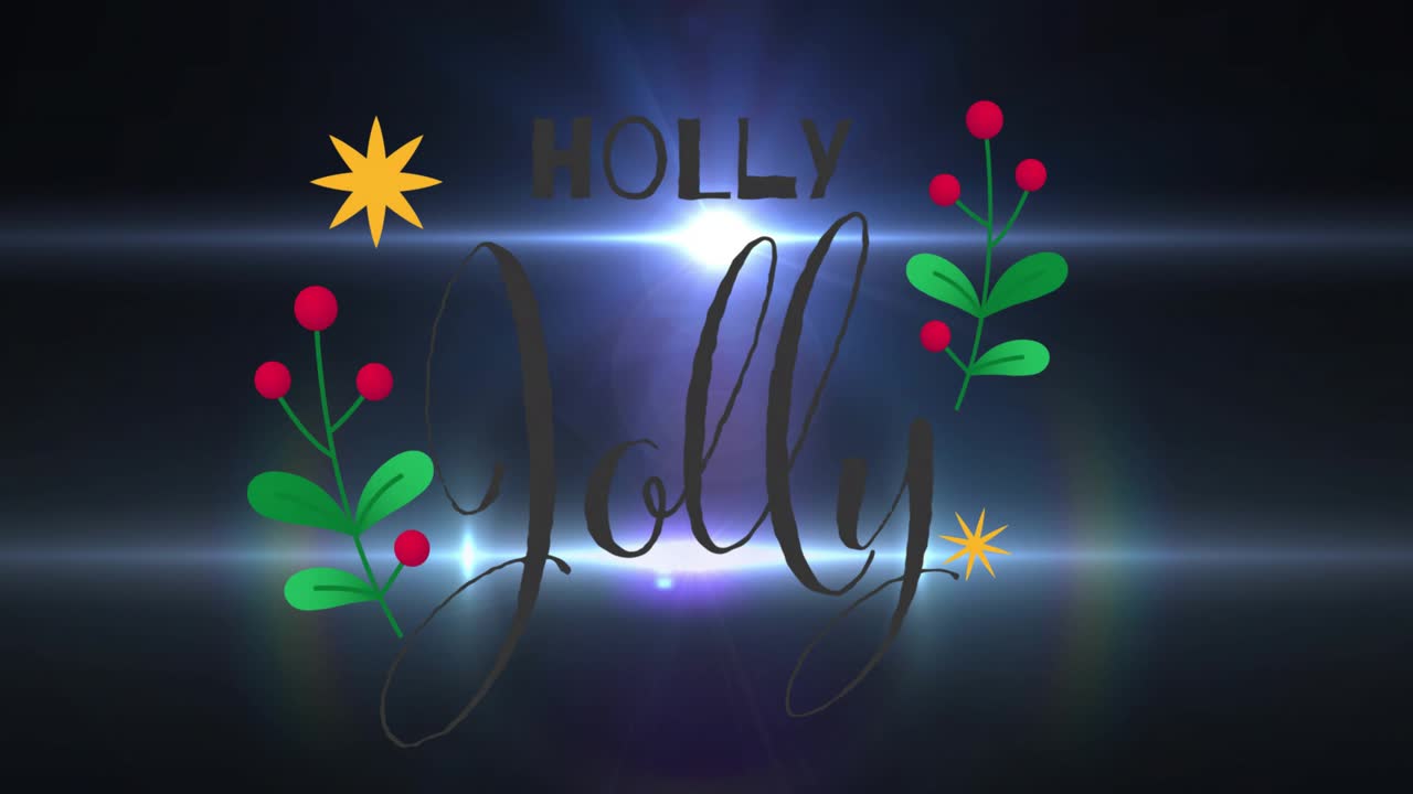 Beams sweeping dark canvas HOL fading HOLLY forming Jolly drawing accents popping, revealing title