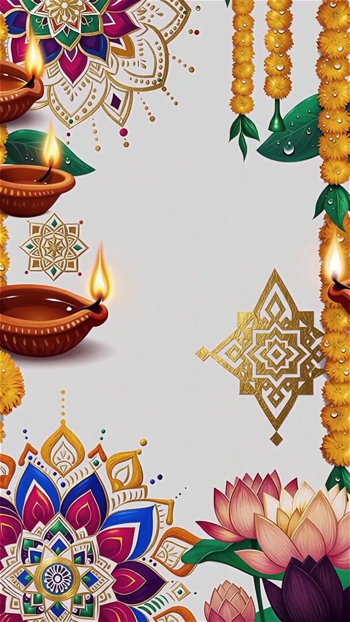 Sfondo Diwali con Diyas luminosi, Rangoli e fiori di loto