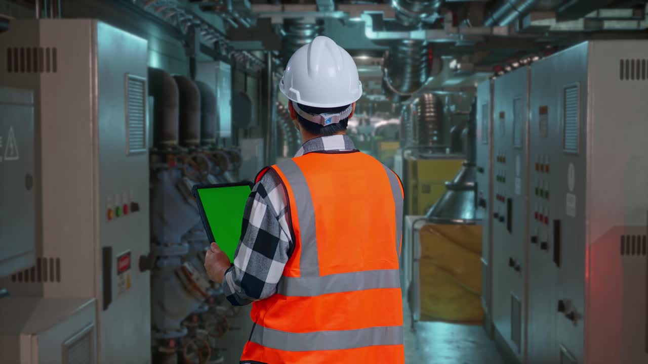 Back View Of Asian Male Engineer With Safety Helmet Working On A Green Screen Tablet And Looking Around While Standing In Engine Control Room, Work Of Electrical Generators