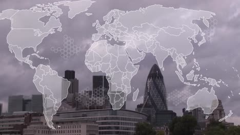 animation of world map and data processing over london cityscape