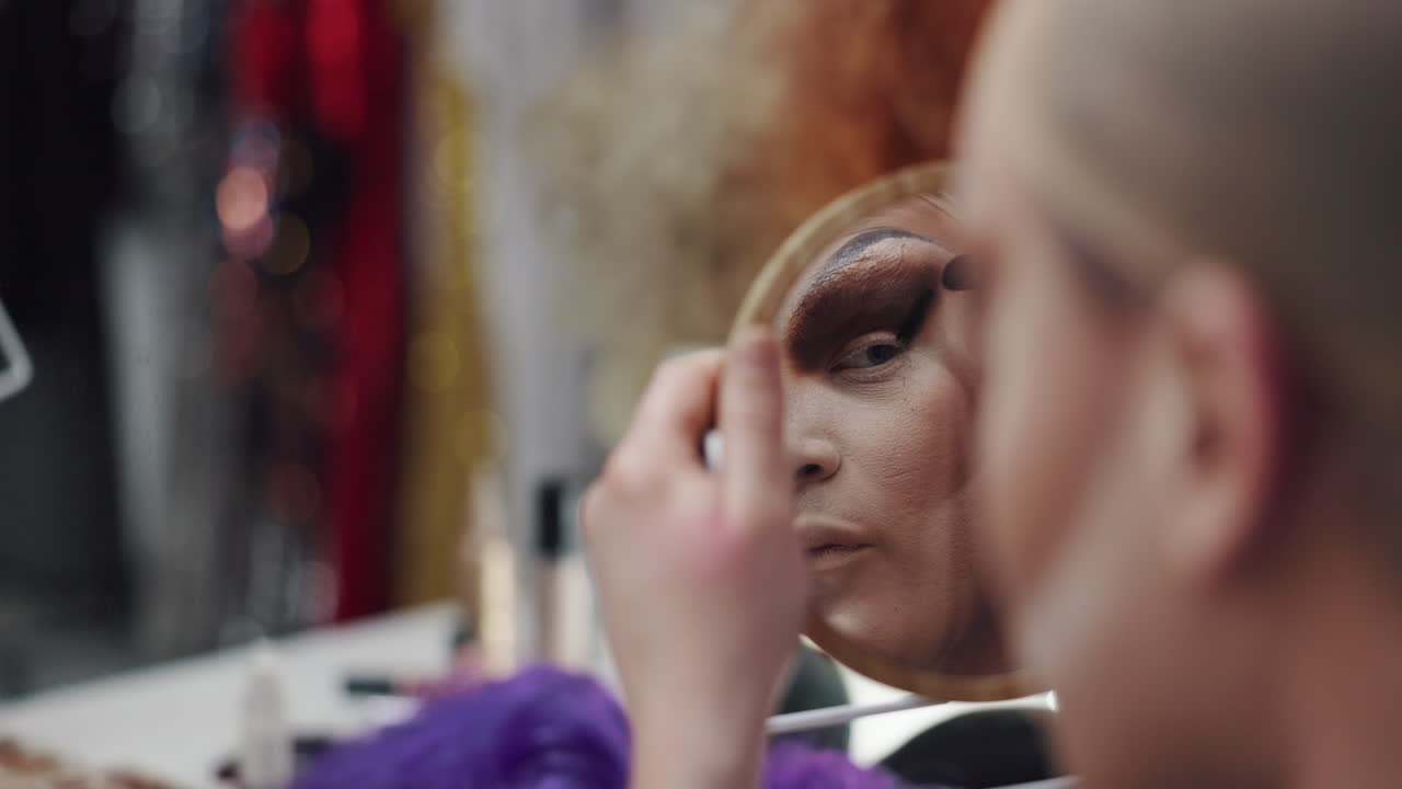 Drag Queen Applying Makeup in Mirror