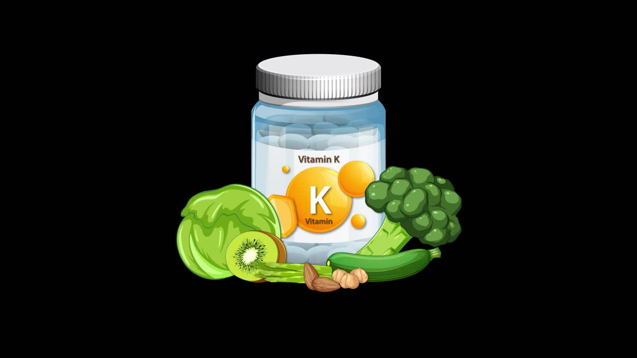 Vitamin K bottle gradually surrounded by broccoli, kiwi, peas, and nuts on black background