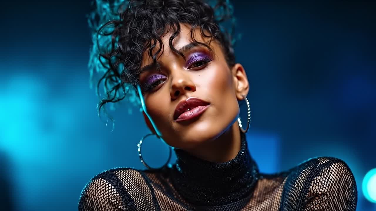 A woman with curly hair wearing a black top and purple eyeshadow