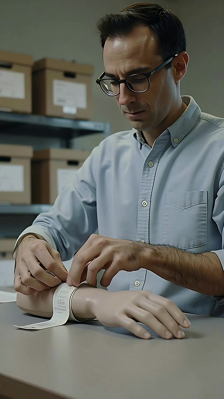 Vertical video: Lifting label, man in rolled sleeves wrapping prosthetic arm at storage for records