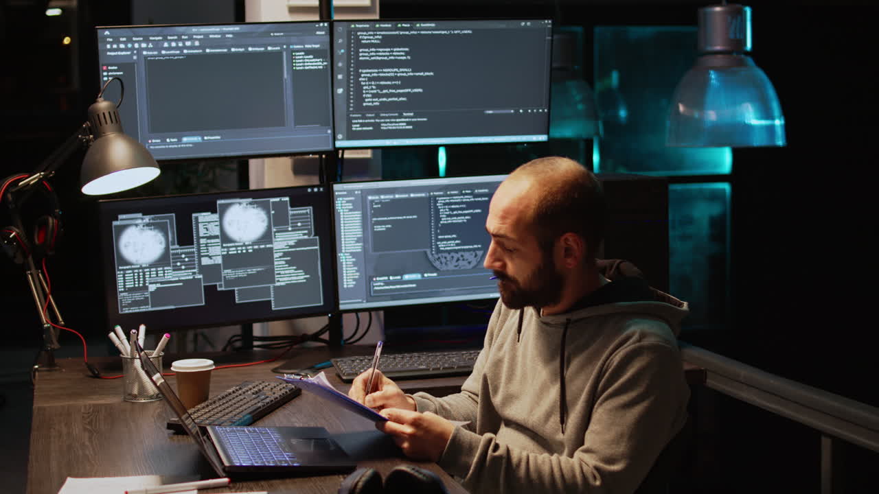 Programmer working on code at desk with multiple monitors