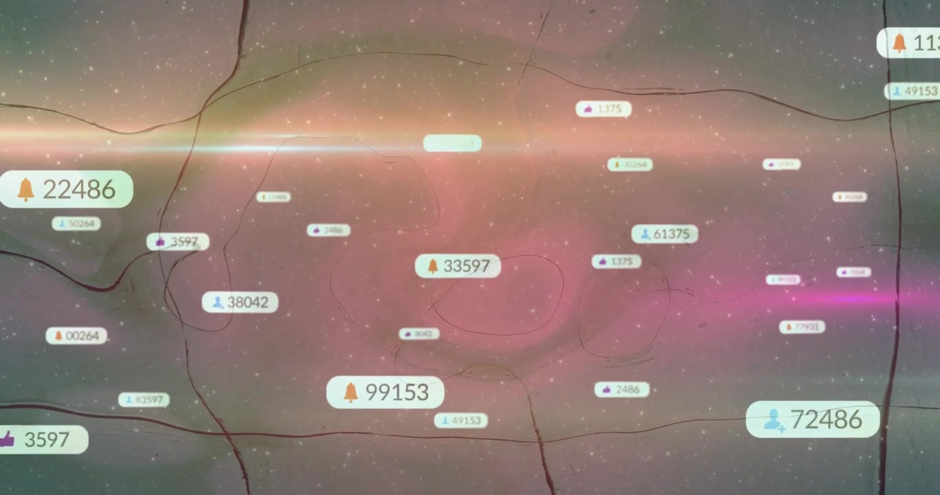Notification bell badge floating center in cosmic grid interface, with glowing user and like icons
