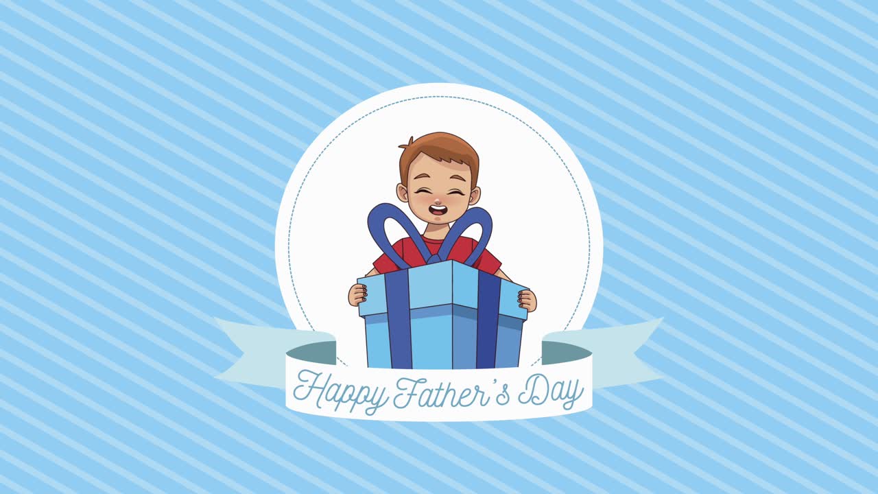 happy fathers day lettering in ribbon with boy in gift
