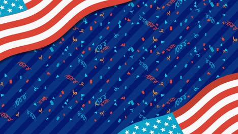 animated american flag waves with vibrant confetti on a blue striped background. energetic and patriotic mood throughout the 10-second sequence