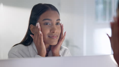 woman, massage face and skincare in bathroom