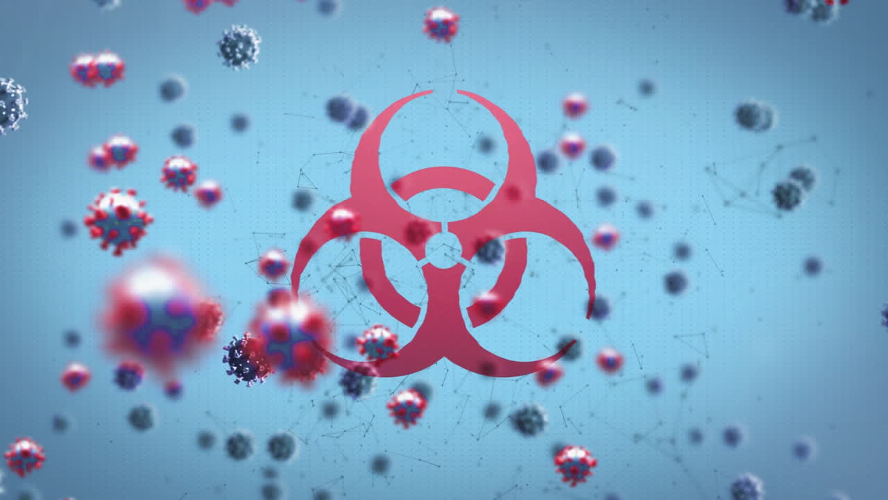 Animation of covid 19 cells flying over warning sing