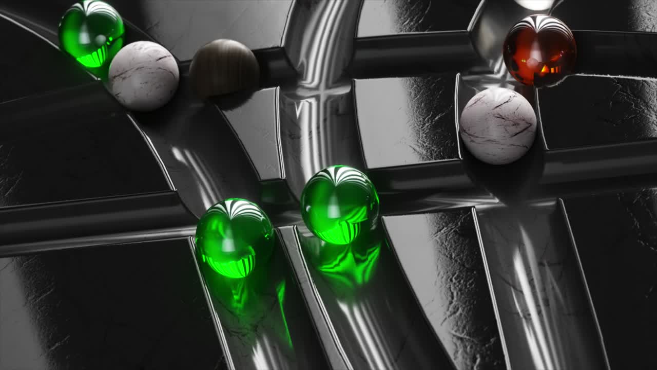 어두운 대리석 미로를 둘러싼 색의 공을 굴리십시오. 색, 갈색, 초록색, 오렌지색 구.