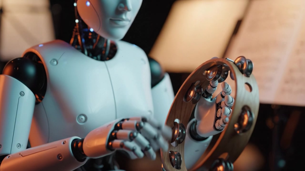 A humanoid robot meticulously playing a tambourine, surrounded by sheet music, embodying the fusion of technology and art in a captivating performance scene.