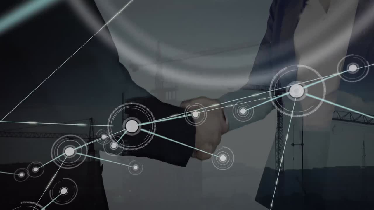 Animación de red de conexiones sobre empresaria y empresario caucásicos estrechándose la mano