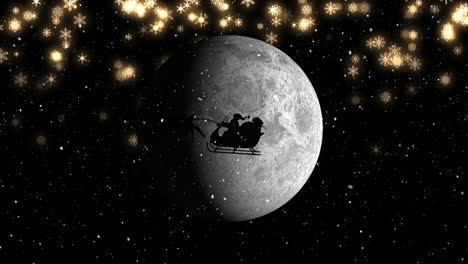 santa claus in sleigh being pulled by reindeers against shining stars an moon in the night sky